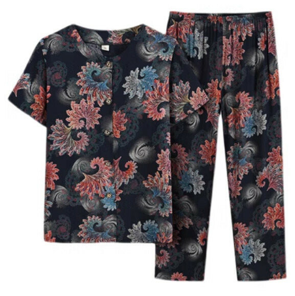 Summer middle-aged and elderly cotton pajama set (rotating waves) [Size: XL-4XL] [Contact customer service to confirm the shipping size after placing an order]
