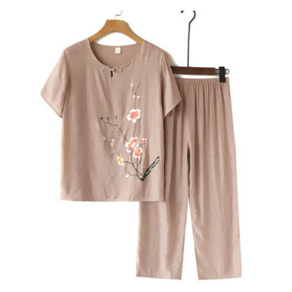 Summer middle-aged and elderly cotton and linen suit (buckle camel color) [size: XL-4XL] [Contact customer service to confirm the delivery size after placing an order]