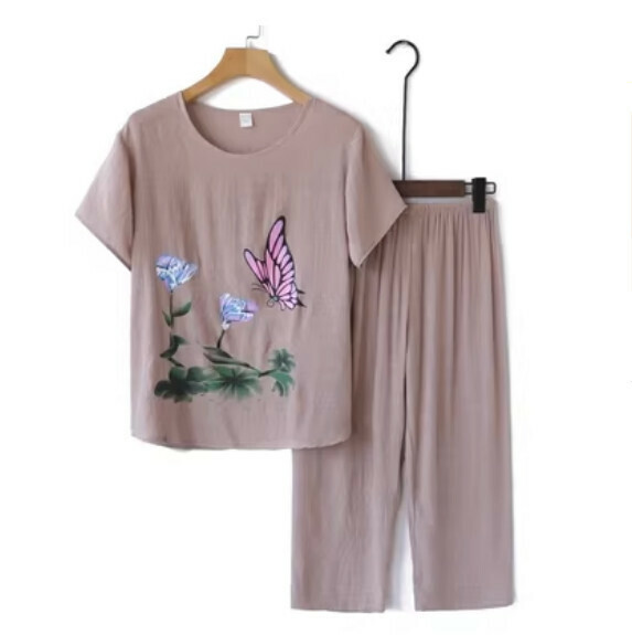 Summer middle-aged and elderly cotton and linen set ([ink painting] camel color) [size: XL-4XL] [Contact customer service to confirm the shipping size after placing an order]
