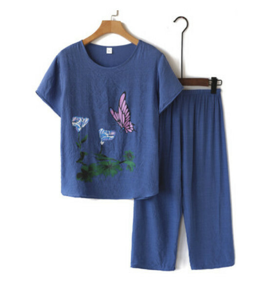 Summer middle-aged and elderly cotton and linen suit ([ink painting] blue) [size: XL-4XL] [Contact customer service to confirm the delivery size after placing an order]