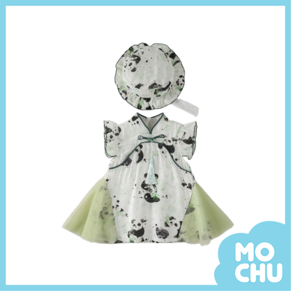 熊貓吃竹子網紗襬連衣裙