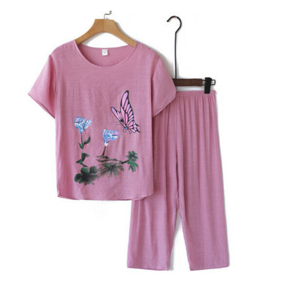 Summer middle-aged and elderly cotton and linen set ([ink painting] pink) [size: XL-4XL] [Contact customer service to confirm the shipping size after placing an order]