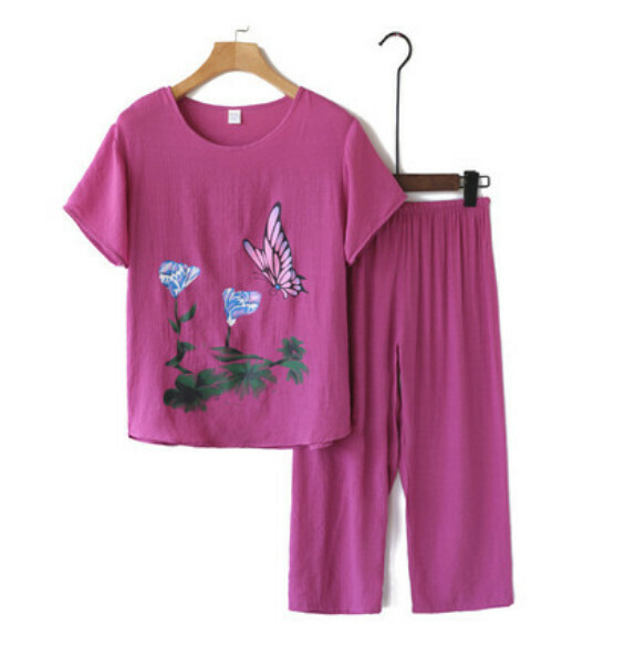 Summer middle-aged and elderly cotton and linen set ([ink painting] red) [Size: XL-4XL] [Contact customer service to confirm the delivery size after placing an order]
