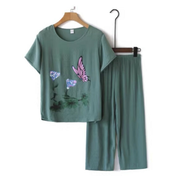 Summer middle-aged and elderly cotton and linen set ([ink painting] green) [size: XL-4XL] [Contact customer service to confirm the delivery size after placing an order]