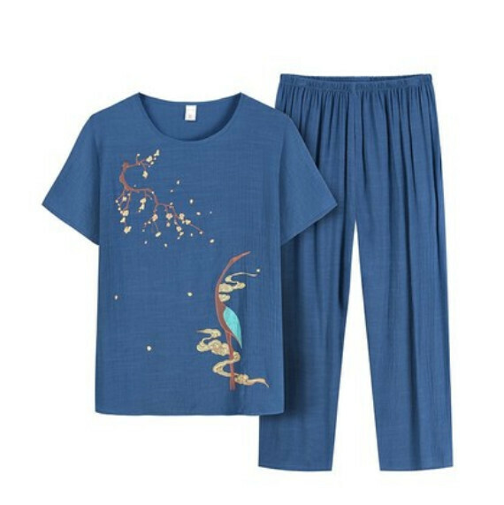 Summer middle-aged and elderly cotton and linen set ([Chizuru] blue) [Size: XL-4XL] [Contact customer service to confirm the shipping size after placing an order]