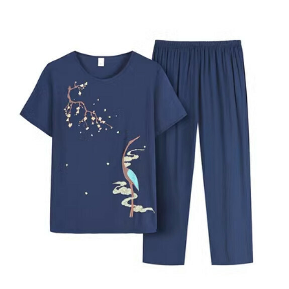 Summer middle-aged and elderly cotton and linen set ([Chizuru] navy blue) [Size: XL-4XL] [Contact customer service to confirm the shipping size after placing an order]