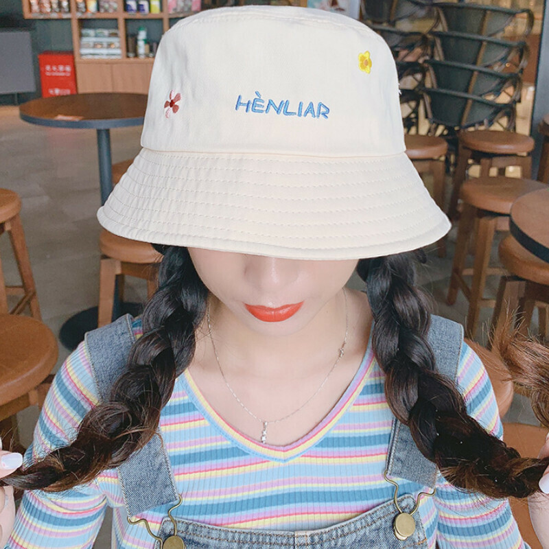 Hot selling embroidered small flower sunshade basin hat [E-8 basin hat small flower beige] [one size fits all]