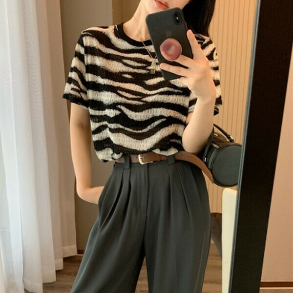 Ice Cool Zebra Print Ice Silk Loose Short Sleeve T-Shirt [Picture Color] [M-L Size] [Contact Customer Service to Confirm Size After Placing an Order]
