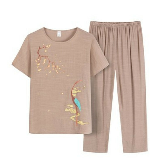 Summer middle-aged and elderly cotton and linen set ([Thousand Cranes] camel color) [Size: XL-4XL] [Contact customer service to confirm the delivery size after placing an order]