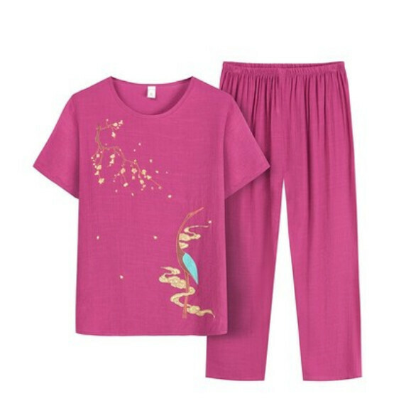 Summer middle-aged and elderly cotton and linen set ([Thousand Cranes] red) [Size: XL-4XL] [Contact customer service to confirm the delivery size after placing an order]