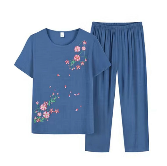 Summer middle-aged and elderly cotton and linen leisure suit (blue) [Size: XL-4XL] [Contact customer service to confirm the shipping size after placing an order]