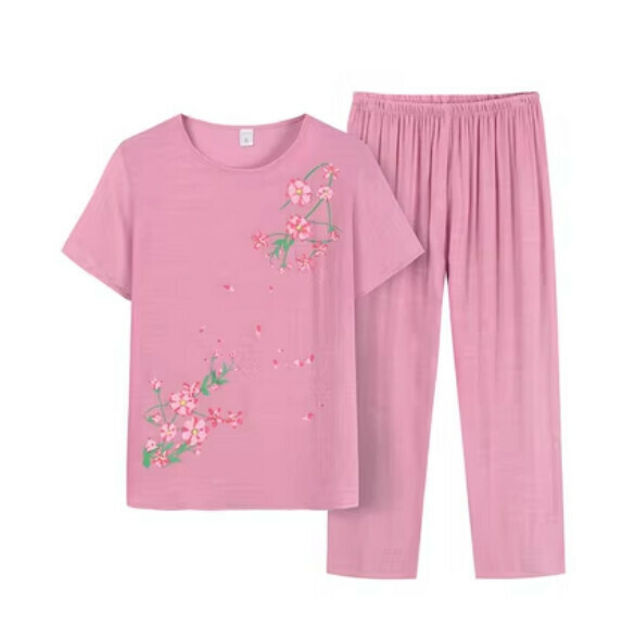 Summer Middle-aged and Elderly Cotton and Linen Casual Set (Pink) [Size: XL-4XL] [Contact Customer Service to Confirm Shipping Size after Placing an Order]
