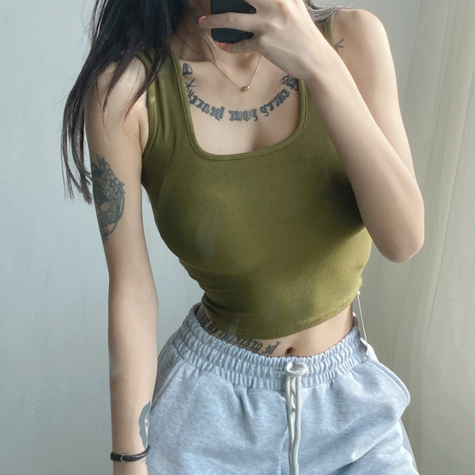 Hot selling U-neck short sleeveless vest (brown green) (S-L size) (contact customer service after placing the order to confirm the delivery size)