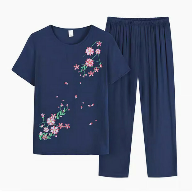 Summer middle-aged and elderly cotton and linen casual suit (navy blue) [Size: XL-4XL] [Contact customer service to confirm the shipping size after placing an order]