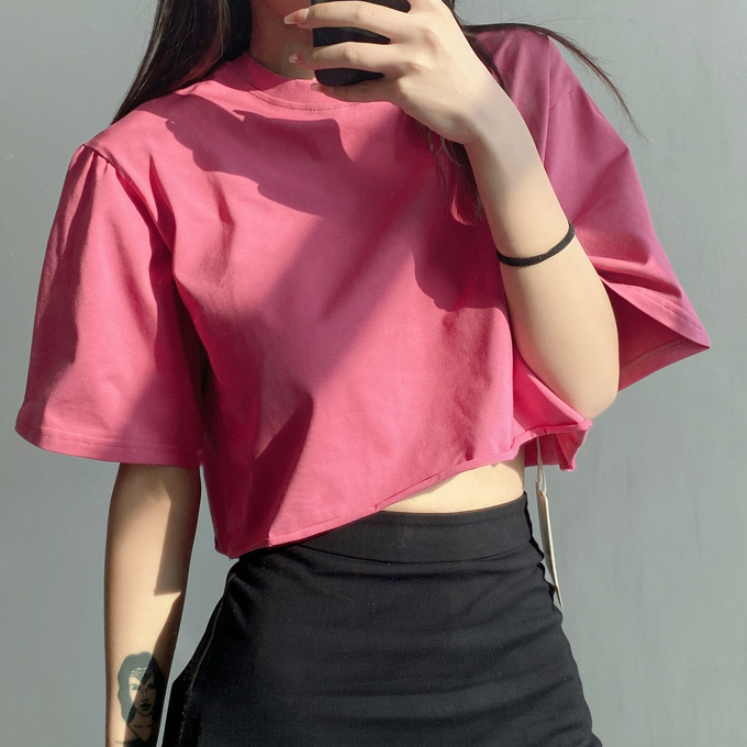 Hot selling round neck short sleeve loose T-shirt (rose pink) (one size fits all)