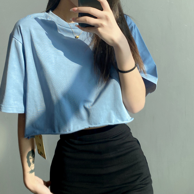Hot Selling Round Neck Short Sleeve Loose T-Shirt (Blue) (One Size)