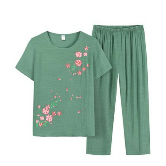 Summer middle-aged and elderly cotton and linen casual suit (green) [Size: XL-4XL] [Contact customer service to confirm the shipping size after placing an order]