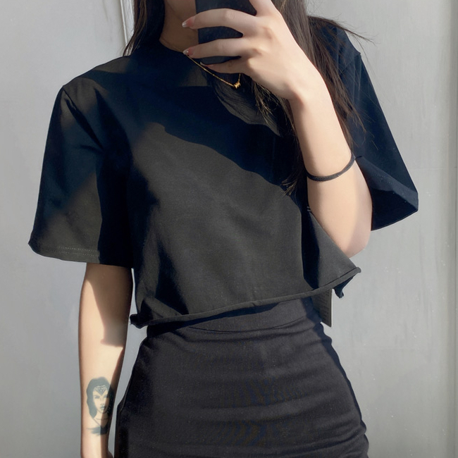 Hot Selling Round Neck Short Sleeve Loose T-Shirt (Black) (One Size)