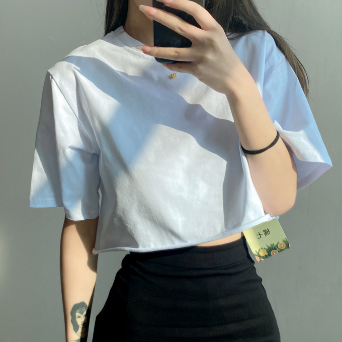Hot Selling Round Neck Short Sleeve Loose T-Shirt (White) (One Size)