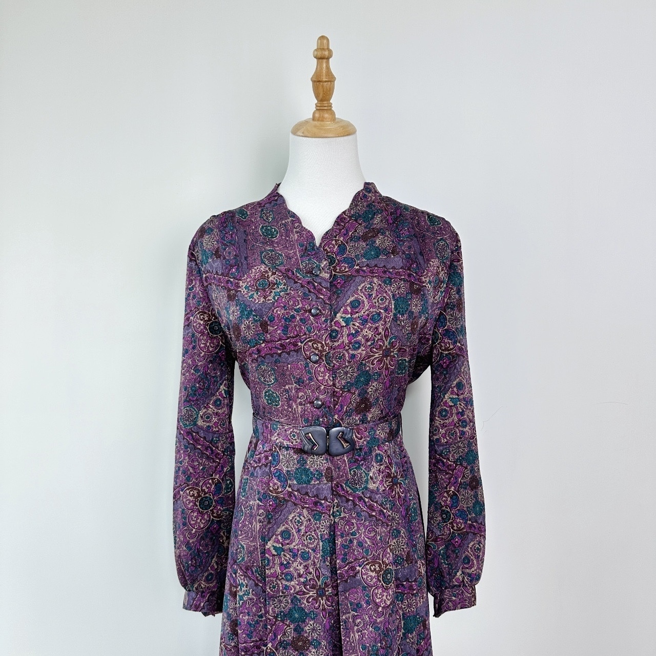 神秘紫和服布花瓣領長袖連身裙