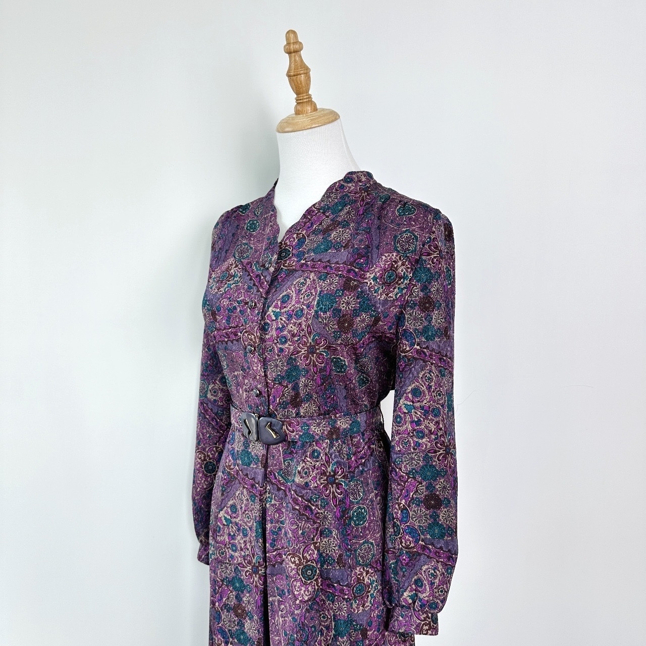 神秘紫和服布花瓣領長袖連身裙