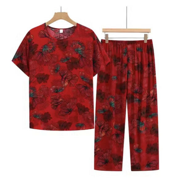 Summer middle-aged and elderly cotton and linen casual suit (pine leaf jujube red) [size: XL-3XL] [Contact customer service to confirm the delivery size after placing an order]