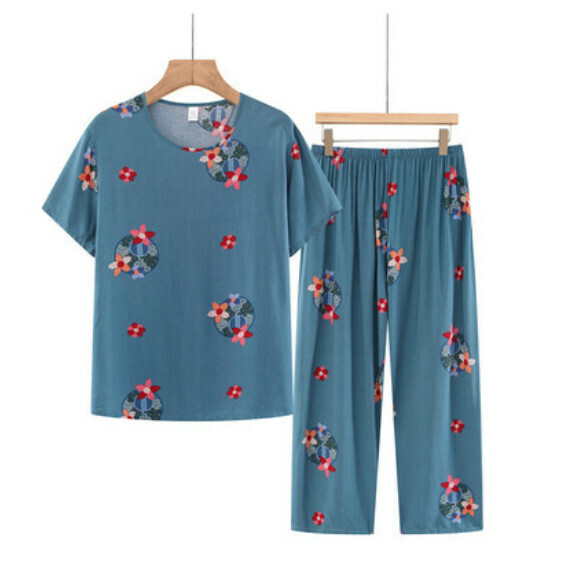 Summer middle-aged and elderly pajama set (bean green) [Size: XL-3XL] [Contact customer service to confirm the shipping size after placing an order]