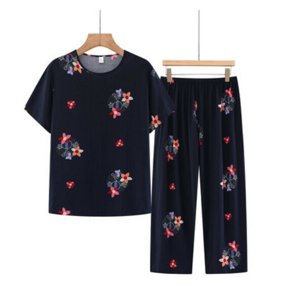 Summer middle-aged and elderly pajama set (navy blue) [Size: XL-3XL] [Contact customer service to confirm the shipping size after placing an order]