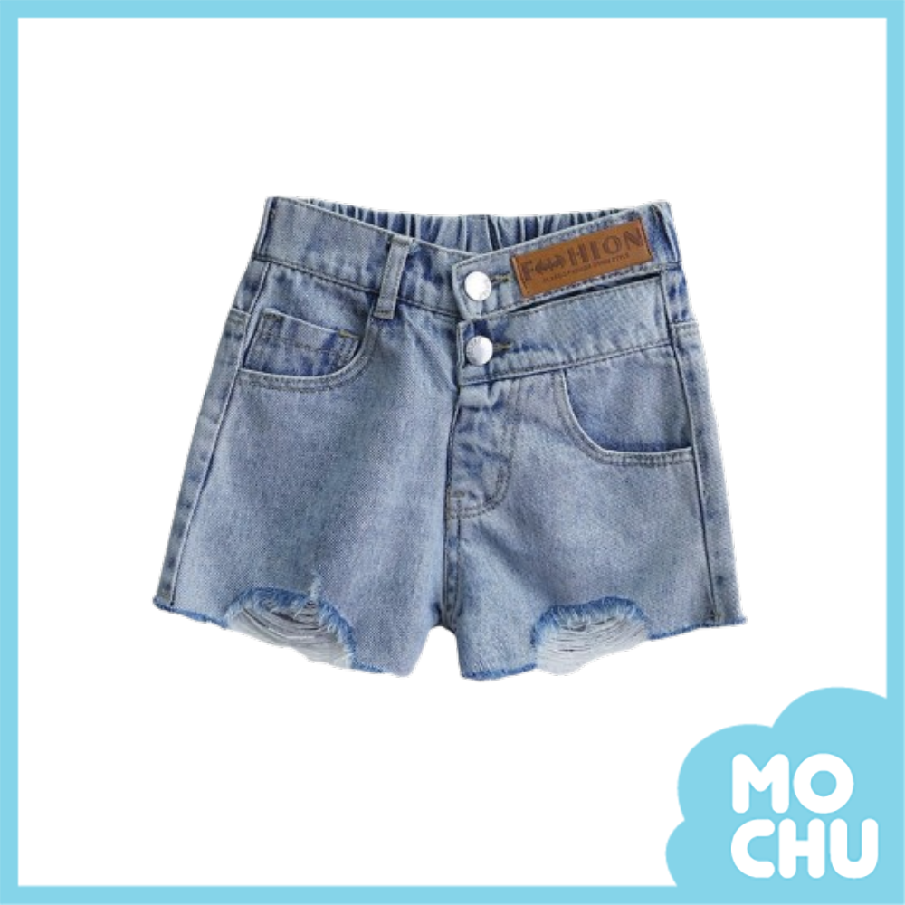 雙釦抽鬚牛仔短褲