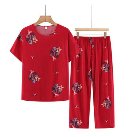 Summer middle-aged and elderly pajama set (jujube red) [Size: XL-3XL] [Contact customer service to confirm the shipping size after placing an order]