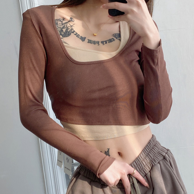 Hot selling two-piece set of irregular stacked suspenders (brown with khaki) (S/M size) (contact customer service after placing the order to confirm the delivery size)