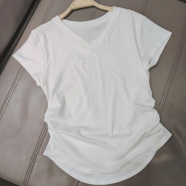 V-neck side pleats slim slim short-sleeved cotton T [white] [M-L size] [contact customer service to confirm size after placing an order]