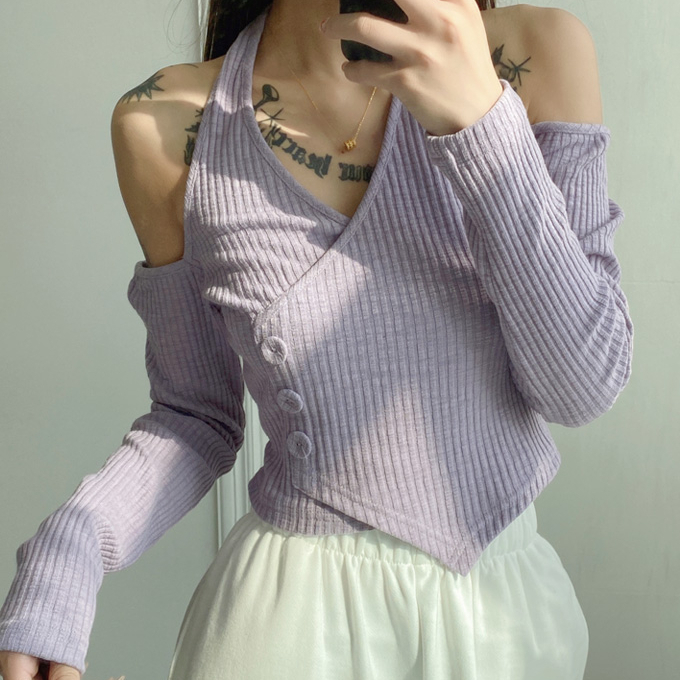 Hot selling diagonal button halter neck long sleeve off-shoulder T-shirt (purple) (S-L size) (contact customer service after placing the order to confirm the delivery size)
