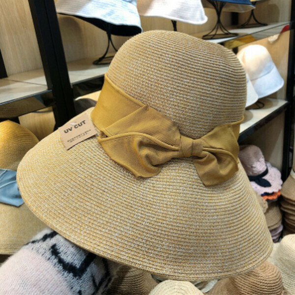新款沙灘遮陽大檐帽蝴蝶結漁夫草帽【黃色】【M（56-58cm）】