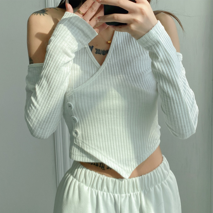 Hot selling diagonal button halterneck long-sleeved off-shoulder T-shirt (white) (S-L size) (contact customer service after placing the order to confirm the delivery size)