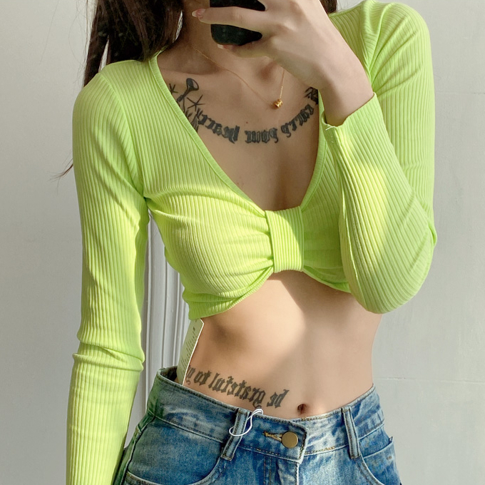 Hot selling tight-fitting navel-baring short long-sleeved bottoming shirt (fluorescent green) (S/M size) (contact customer service after placing the order to confirm the delivery size)