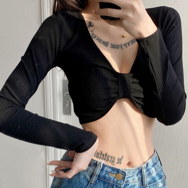 Hot selling tight-fitting navel-baring short long-sleeved bottoming shirt (black) (S/M size) (contact customer service after placing the order to confirm the delivery size)