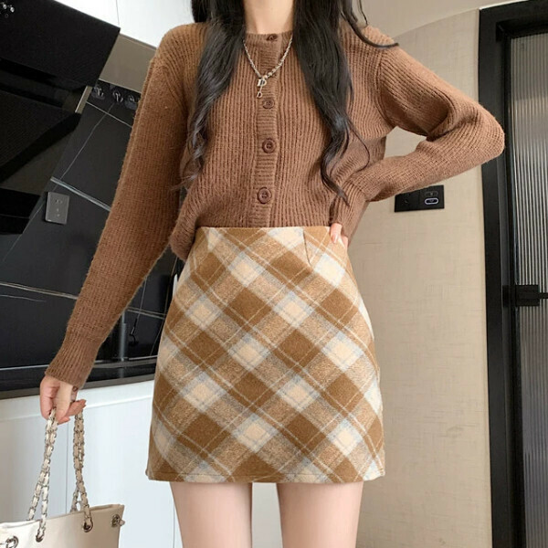Hot Selling High Waist Plaid Skirt (S-XL) (Khaki) (Contact customer service after placing order to confirm delivery size)
