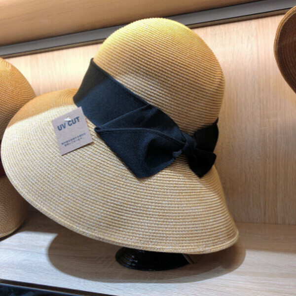 新款沙灘遮陽大檐帽蝴蝶結漁夫草帽【黑色】【M（56-58cm）】