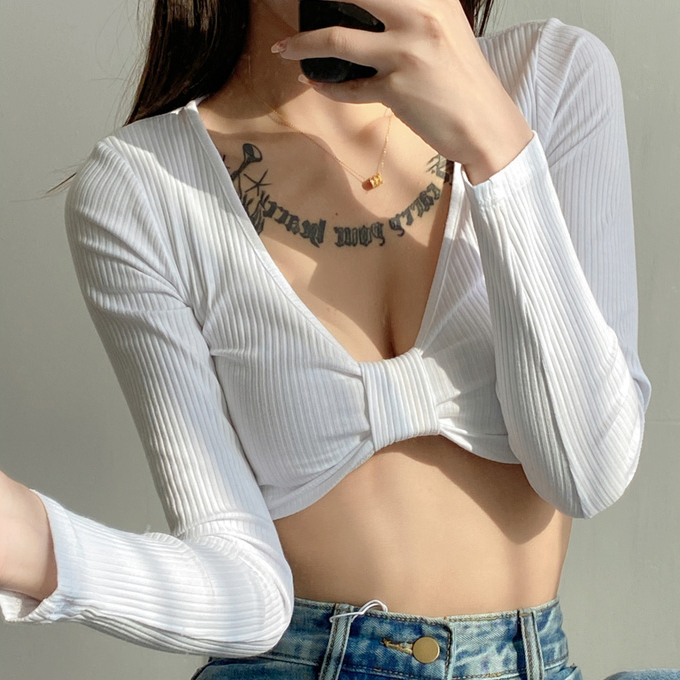 Hot selling tight-fitting navel-baring short long-sleeved bottoming shirt (white) (S/M size) (contact customer service after placing the order to confirm the delivery size)