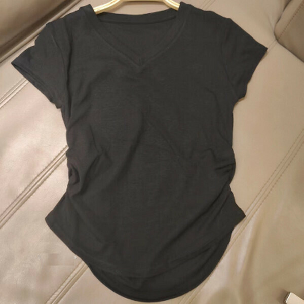 V-neck side pleats slim slim short-sleeved cotton T [black] [M-L size] [contact customer service to confirm size after placing an order]