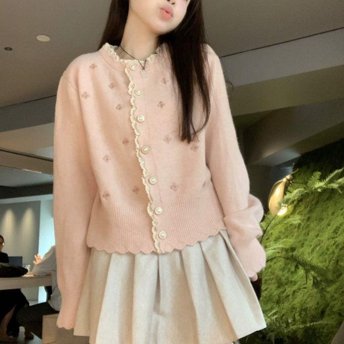 Hot Selling Embroidered Lace Knitted Cardigan (One Size) (Pink)