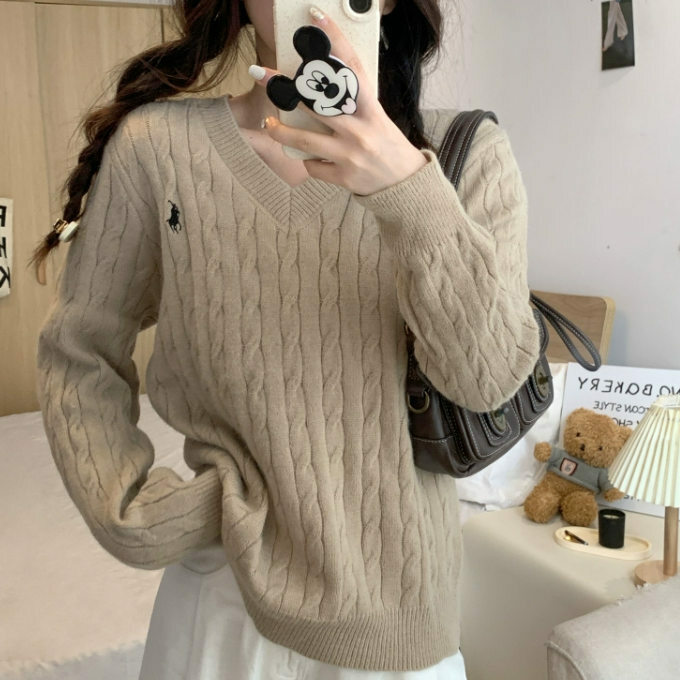 Hot Selling V Neck Pullover Sweater (One Size) (V Neck Khaki)