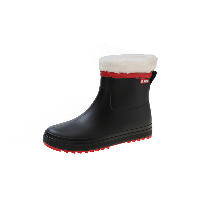 Short water boots and rain boots (36-40 size black and red + velvet cover [one size smaller]) (contact customer service to confirm the shipping size after placing an order)