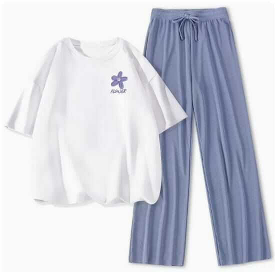 Hot selling ice silk casual sports suit [white (orchid chest logo) + blue pants] [S-XL size] (please contact customer service to confirm the delivery size after placing the order)