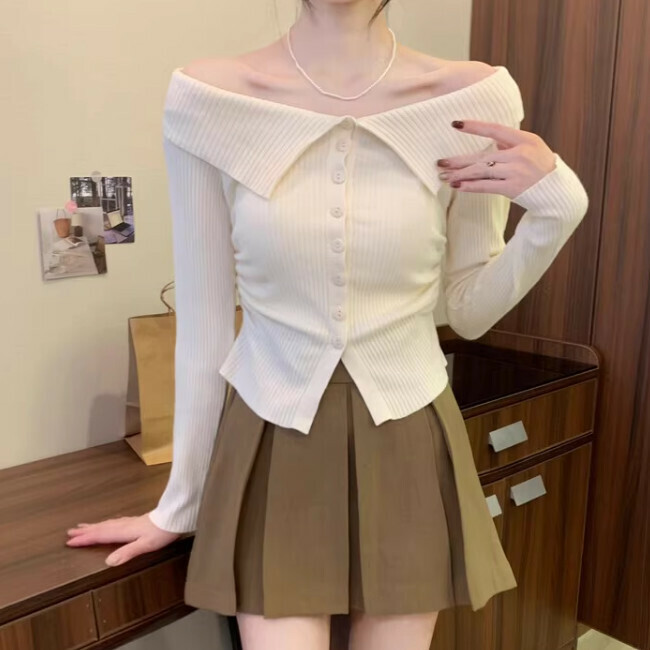 Hot Selling One Shoulder Two-Wear Knitted Sweater (One Size) (Apricot)