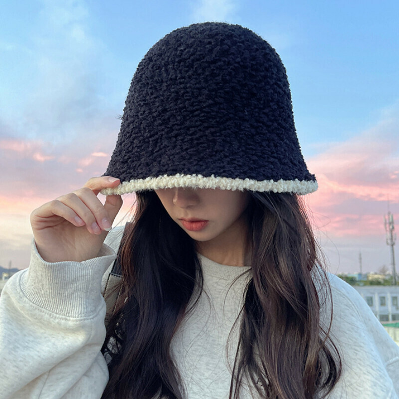 Hot Selling Color Matching Bucket Hat Basin Hat [E-409CHT Black Lamb Wool Bucket Hat] [One Size Fits All]
