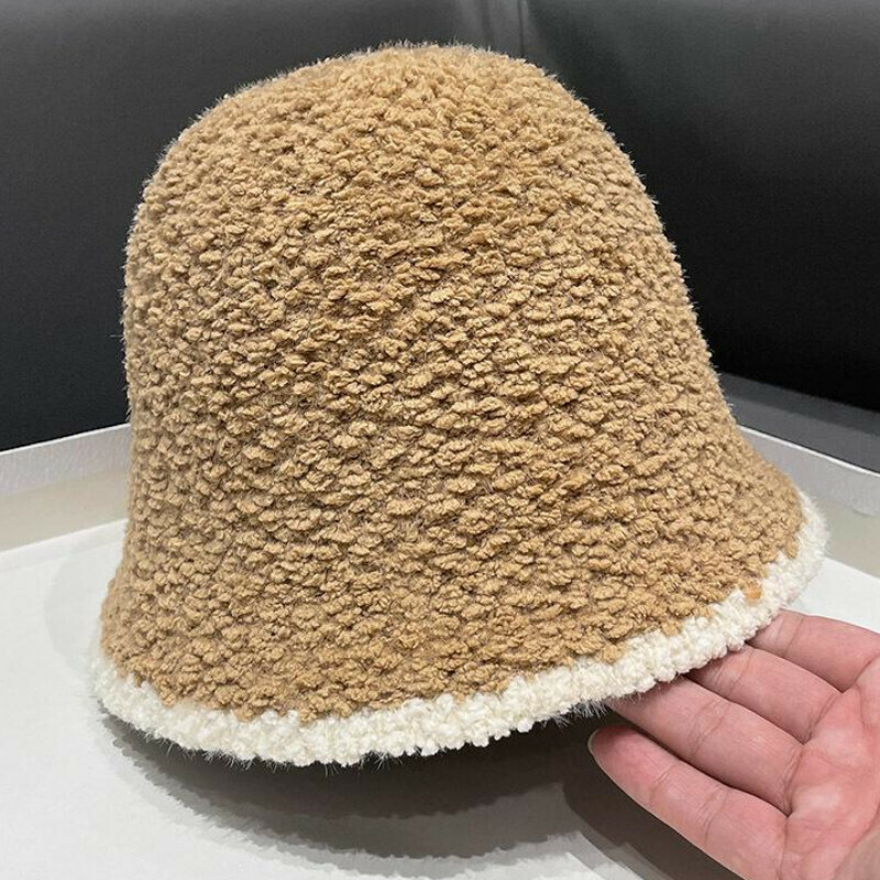 Hot Selling Color Matching Bucket Hat Basin Hat [E-409CHT Khaki Lamb Wool Bucket Hat] [One Size Fits All]