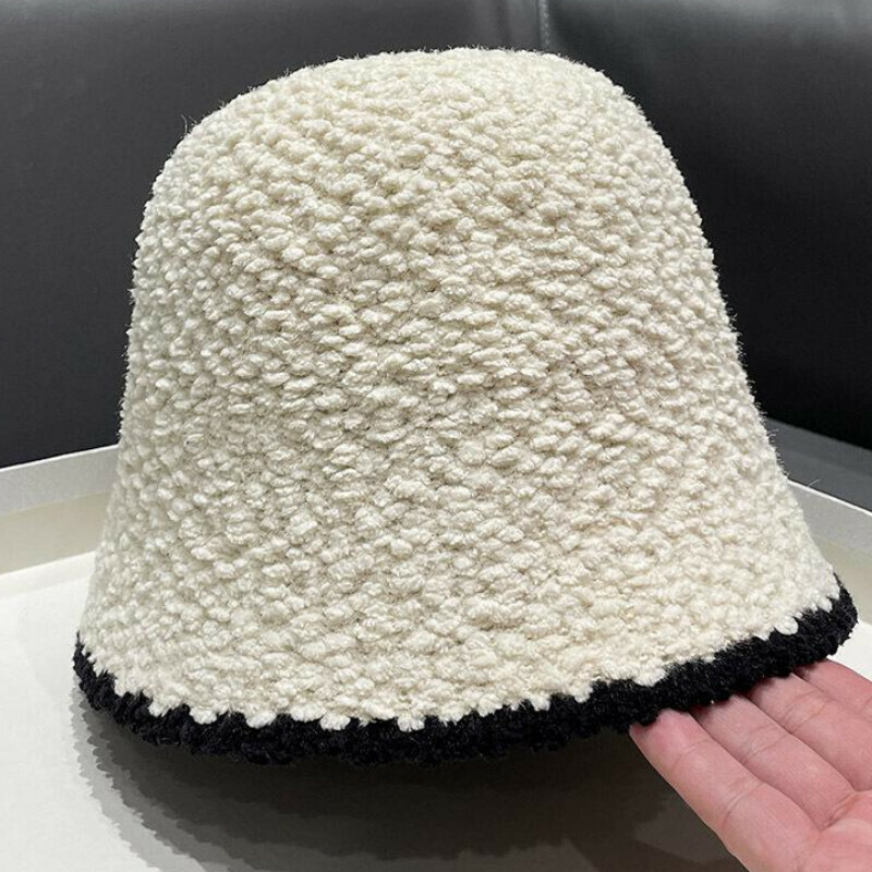 Hot selling color block bucket hat basin hat [E-409CHT beige lambswool bucket hat] [one size fits all]