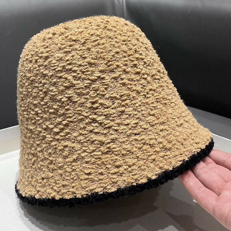 Hot selling color block bucket hat basin hat [E-409CHT khaki black edge lambswool bucket hat] [one size fits all]